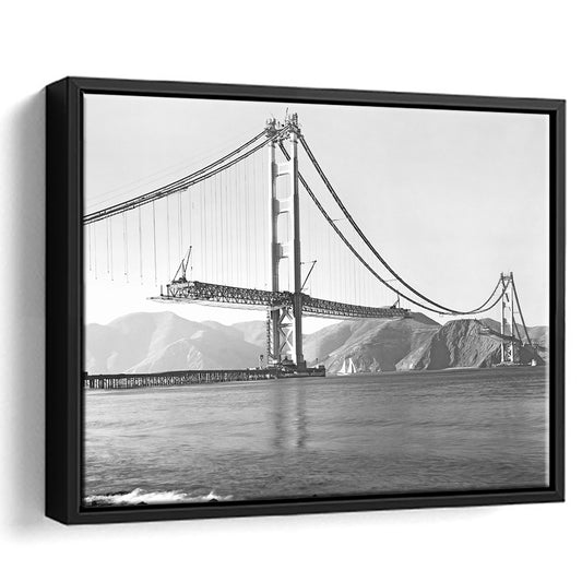 San Francisco Old Golden Gate Bridge, Black and White, Vintage Wall Art, Floating Framed Canvas Print