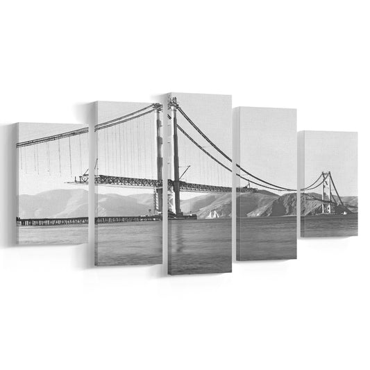 San Francisco Old Golden Gate Bridge, Black and White, Vintage Wall Art, Mixed 5 Pieces Canvas Print