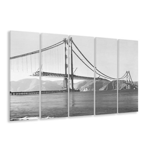 San Francisco Old Golden Gate Bridge, Black and White, Vintage Wall Art, 5 Pieces Large Canvas Print