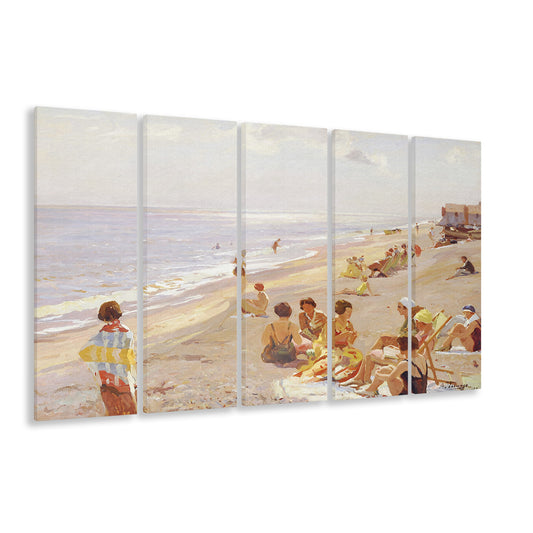 Coastal 5 Panels Canvas Print Wall Art, Vintage Seascape Watercolor Painting Beach Painting Neutral Large Wall Art