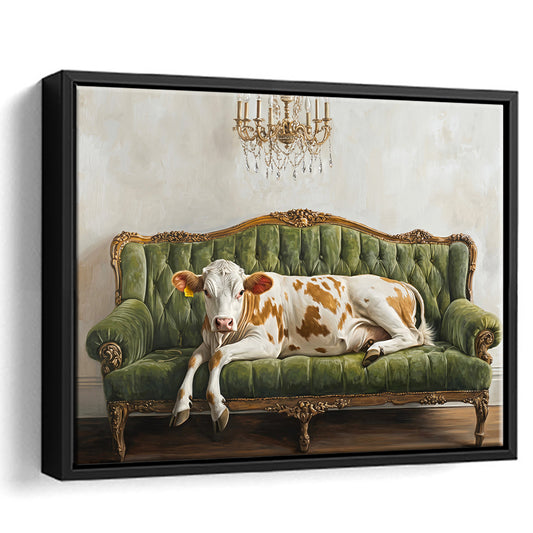 Cow Art Print,Farmhouse Decor,Vintage Print,Funny Horse Print, Framed Canvas Print Wall Art, Floating Frame