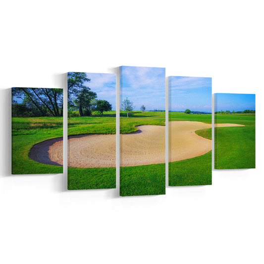 Nice Golf Course With Bunker And Nice Green, Golf Art Print, 5 Pieces Mixed Canvas Print Wall Art