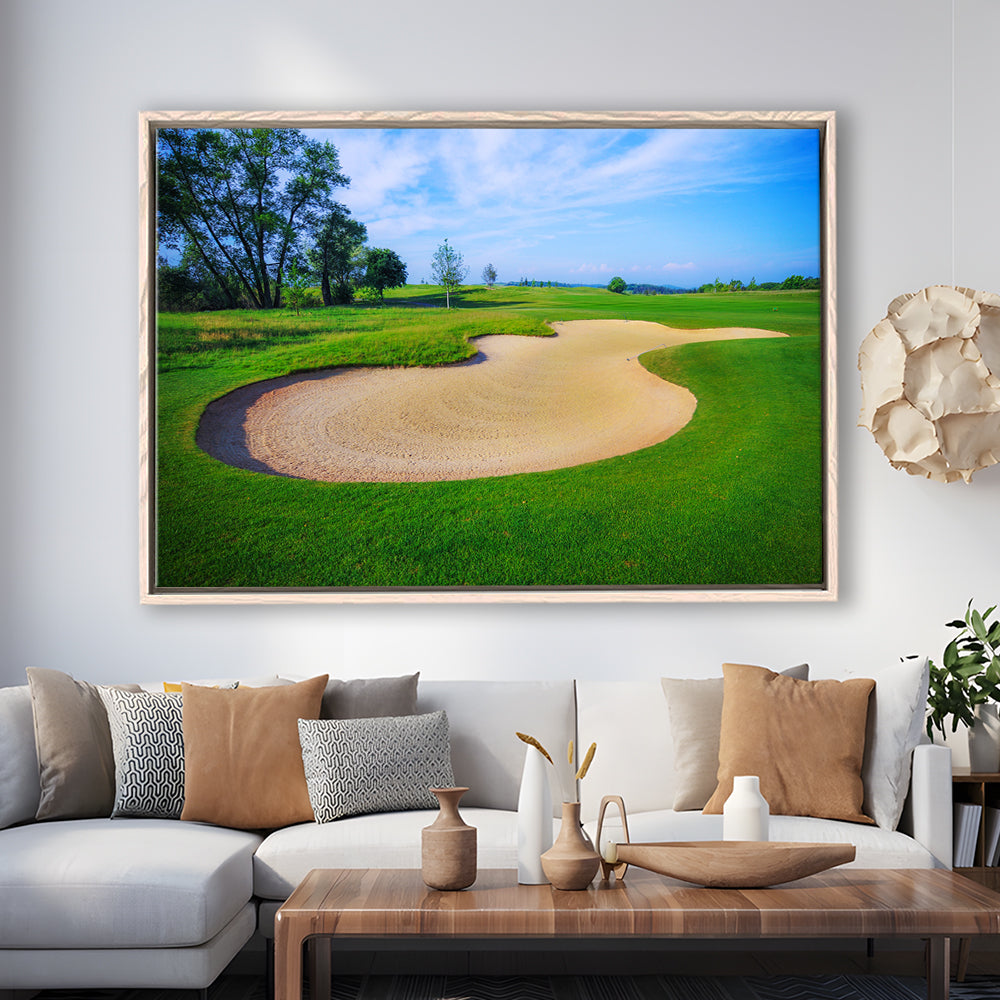 Nice Golf Course With Bunker And Nice Green, Floating Framed Canvas Print Wall Art