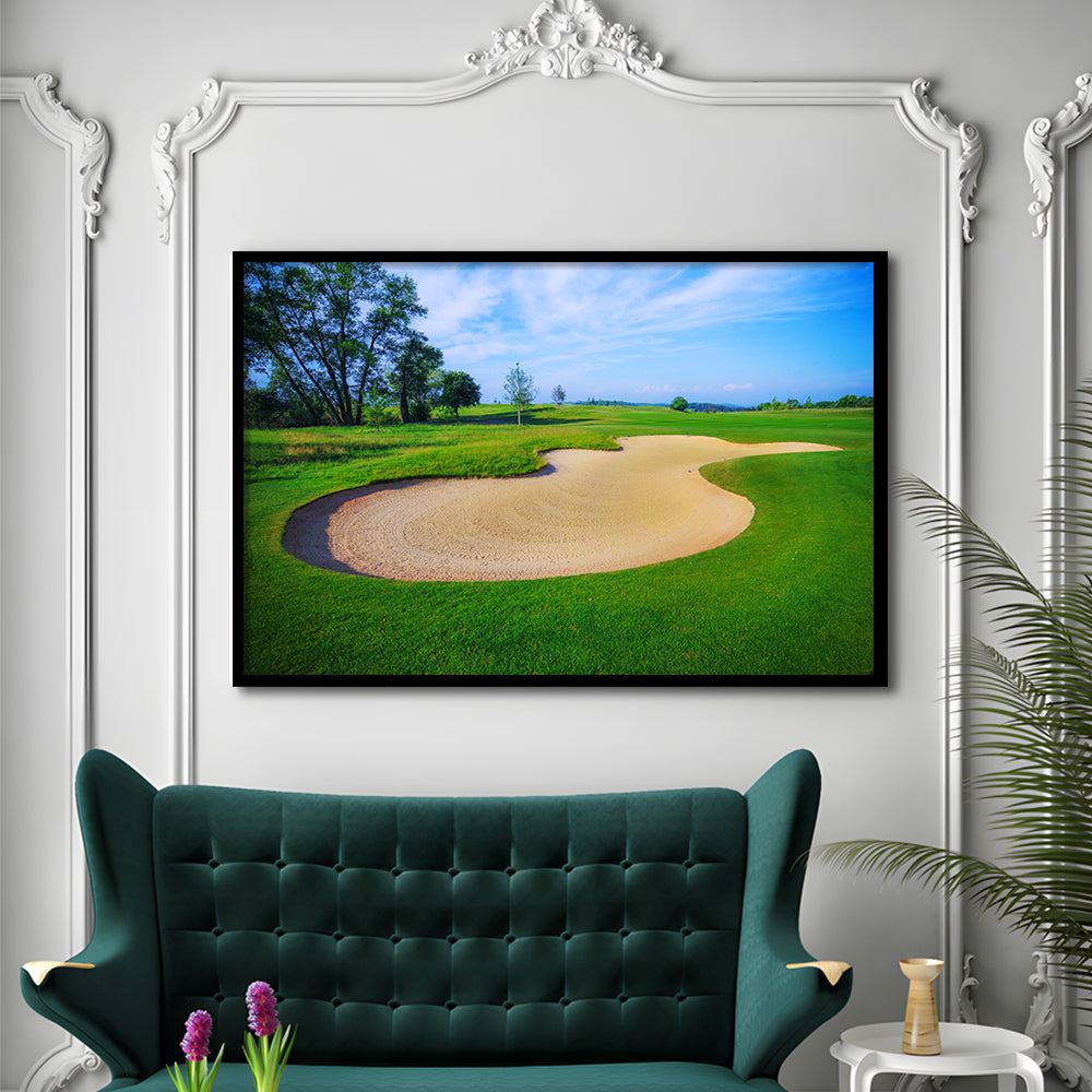 Nice Golf Course With Bunker And Nice Green, Framed Art Print Wall Decor, Picture Framed