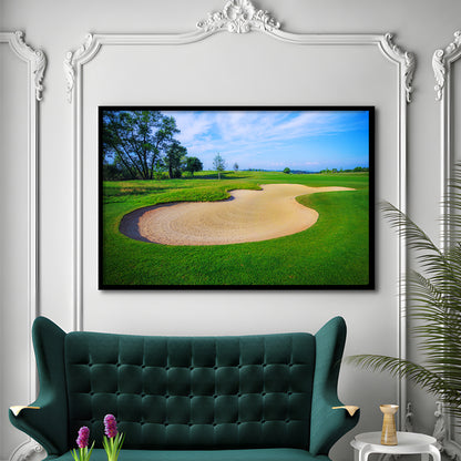 Nice Golf Course With Bunker And Nice Green, Framed Art Print Wall Decor, Picture Framed
