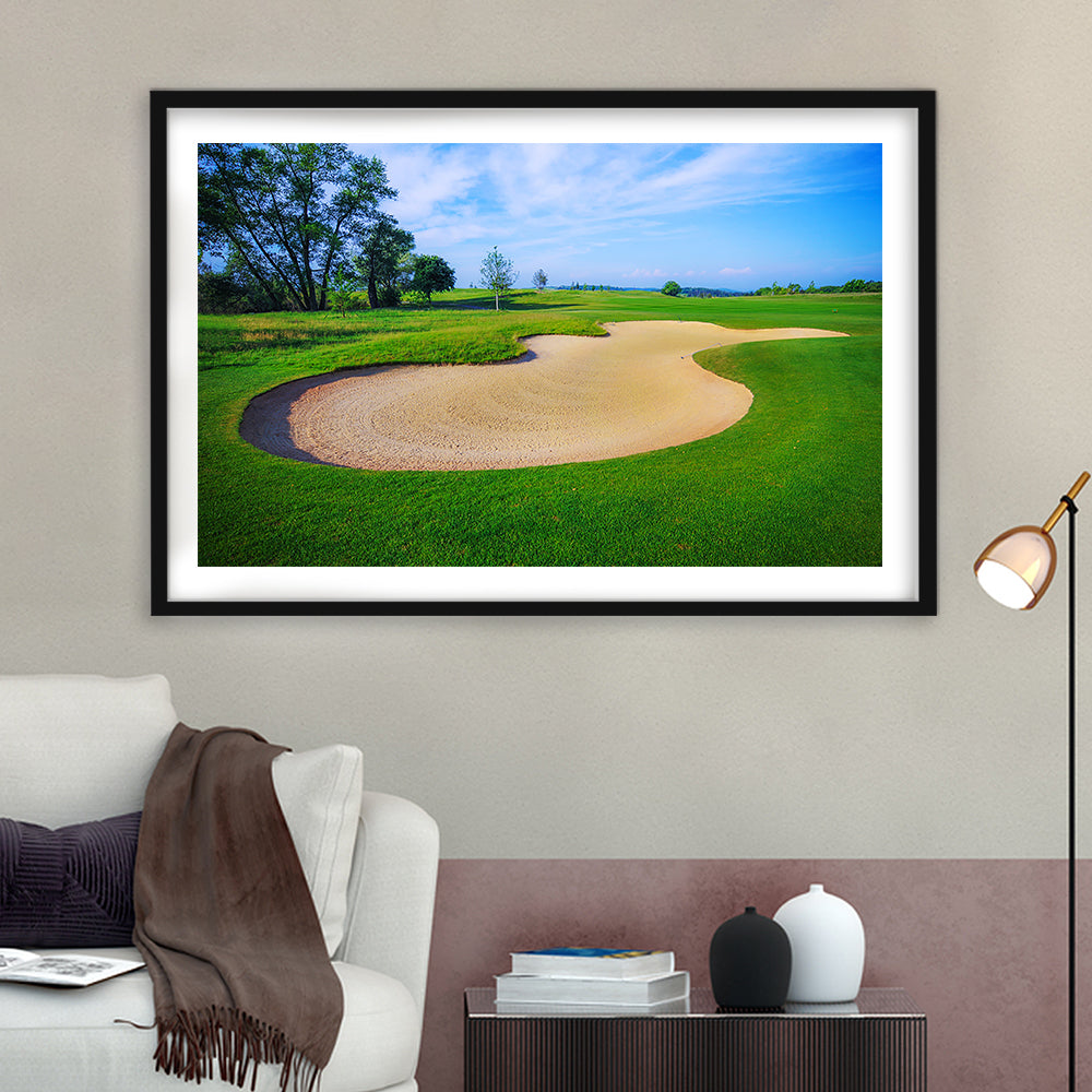 Nice Golf Course With Bunker And Nice Green, Goft Art Print, Framed Art Print White Border Wall Decor