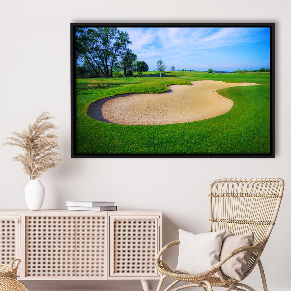 Nice Golf Course With Bunker And Nice Green, Floating Framed Canvas Print Wall Art