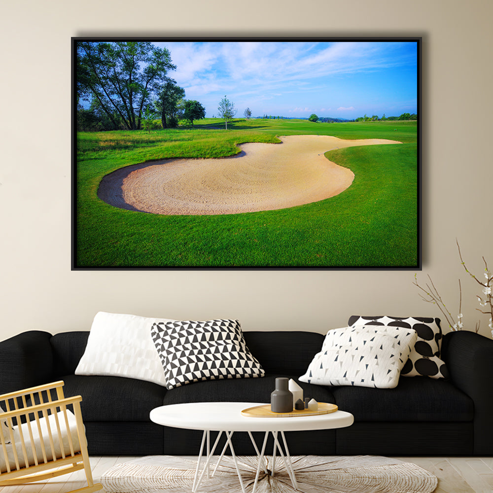 Nice Golf Course With Bunker And Nice Green, Floating Framed Canvas Print Wall Art