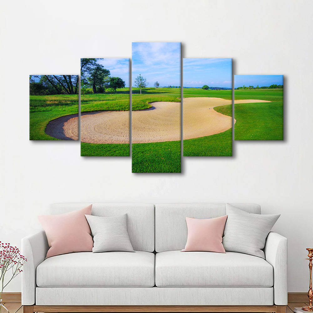 Nice Golf Course With Bunker And Nice Green, Golf Art Print, 5 Pieces Mixed Canvas Print Wall Art