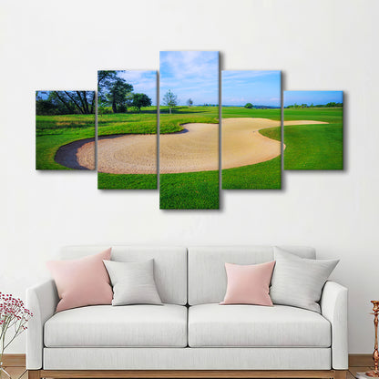 Nice Golf Course With Bunker And Nice Green, Golf Art Print, 5 Pieces Mixed Canvas Print Wall Art