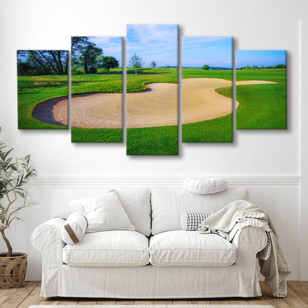 Nice Golf Course With Bunker And Nice Green, Golf Art Print, 5 Pieces Mixed Canvas Print Wall Art