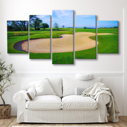 Nice Golf Course With Bunker And Nice Green, Golf Art Print, 5 Pieces Mixed Canvas Print Wall Art