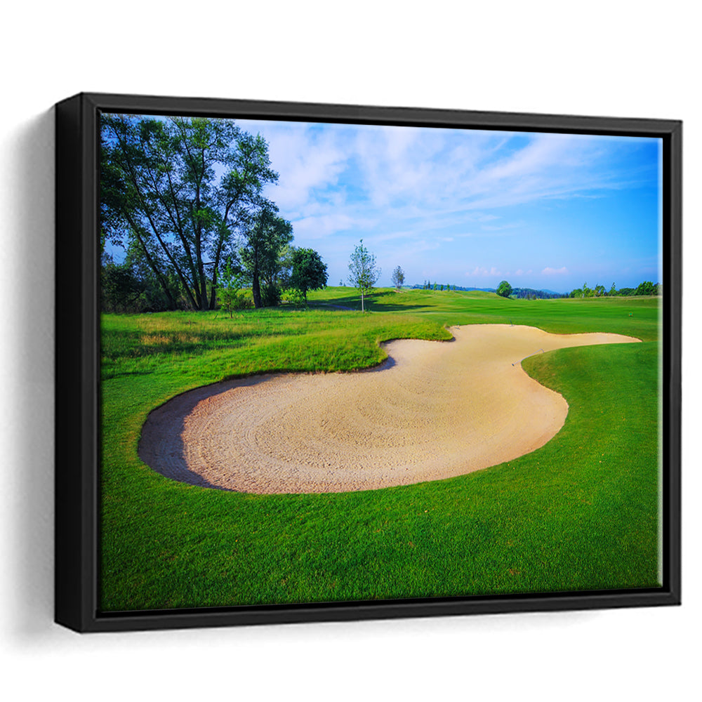 Nice Golf Course With Bunker And Nice Green, Floating Framed Canvas Print Wall Art