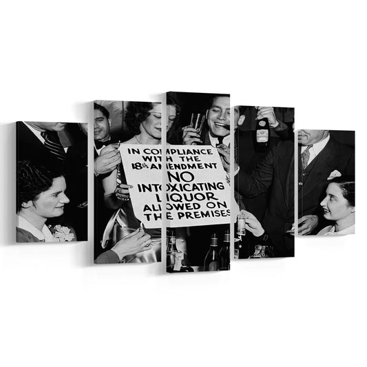No Liquor Sign, Black and White, Bar Cart Prints, Vintage Bar Decor, Speakeasy Art, Mixed 5 Pieces Canvas Print