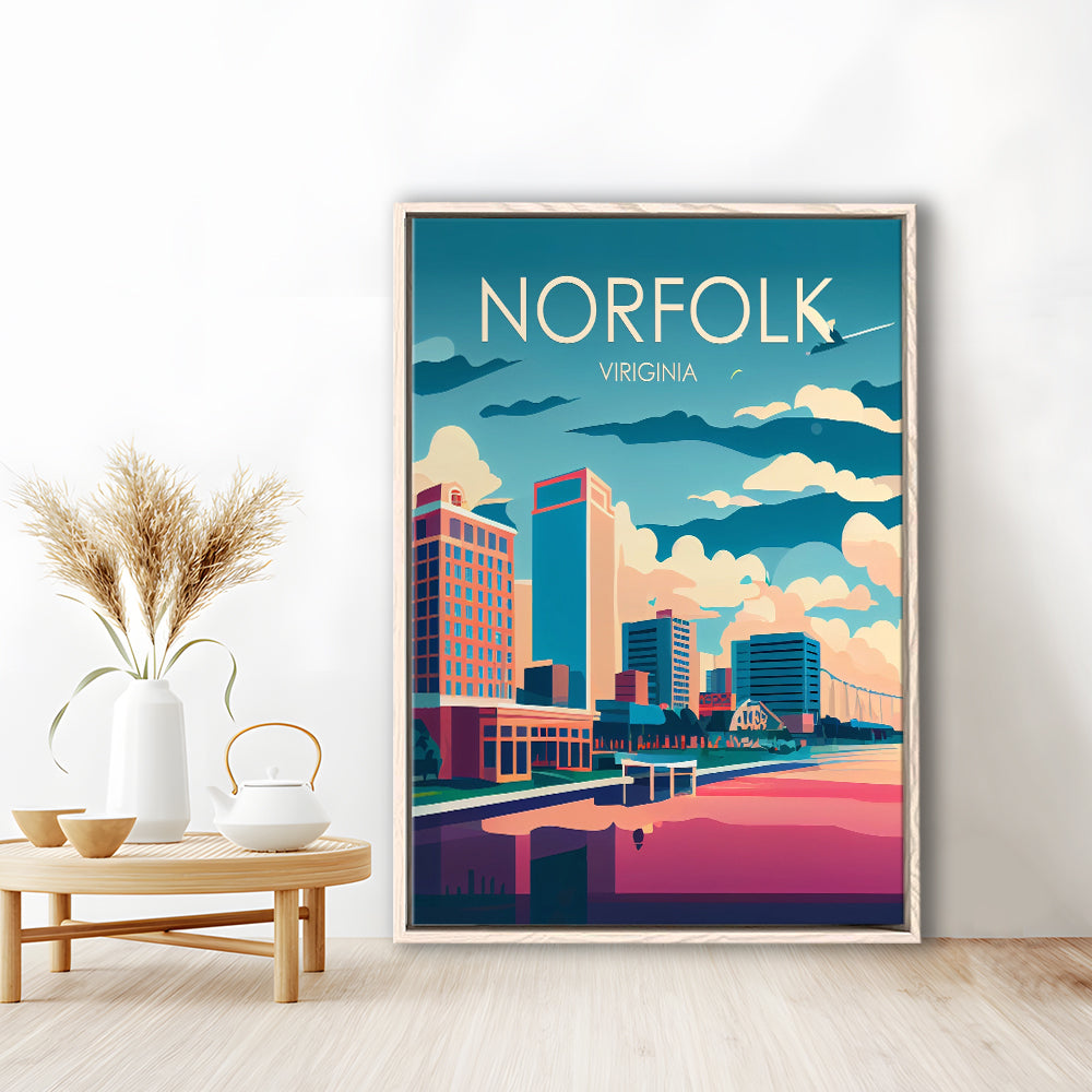 Norfolk Virginia Retro Art Print, Norfolk City Wall Art, Floating Framed Canvas Print, Framed Picture, Painting Canvas