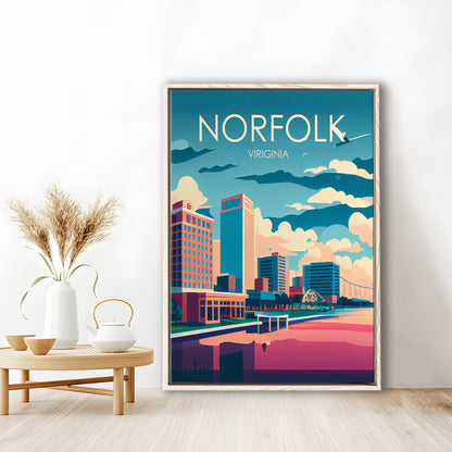 Norfolk Virginia Retro Art Print, Norfolk City Wall Art, Floating Framed Canvas Print, Framed Picture, Painting Canvas