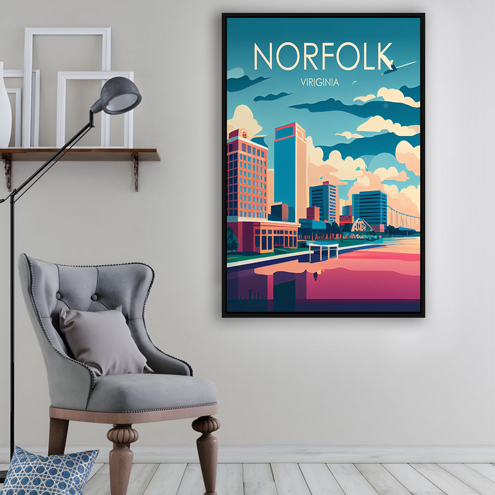 Norfolk Virginia Retro Art Print, Norfolk City Wall Art, Floating Framed Canvas Print, Framed Picture, Painting Canvas