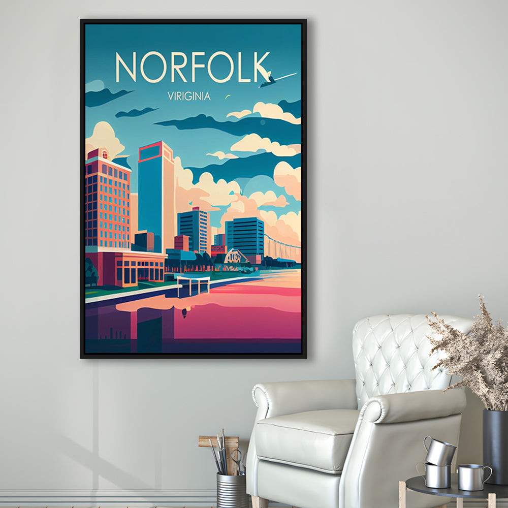 Norfolk Virginia Retro Art Print, Norfolk City Wall Art, Floating Framed Canvas Print, Framed Picture, Painting Canvas