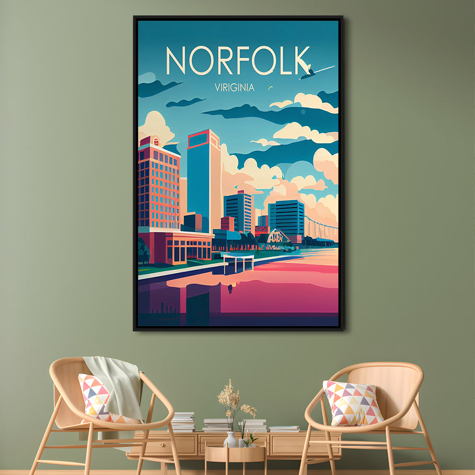 Norfolk Virginia Retro Art Print, Norfolk City Wall Art, Floating Framed Canvas Print, Framed Picture, Painting Canvas