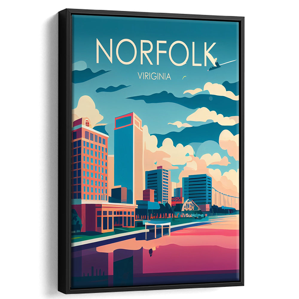 Norfolk Virginia Retro Art Print, Norfolk City Wall Art, Floating Framed Canvas Print, Framed Picture, Painting Canvas
