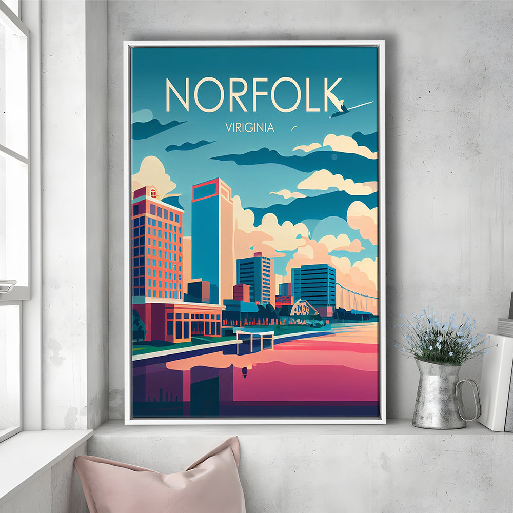 Norfolk Virginia Retro Art Print, Norfolk City Wall Art, Floating Framed Canvas Print, Framed Picture, Painting Canvas