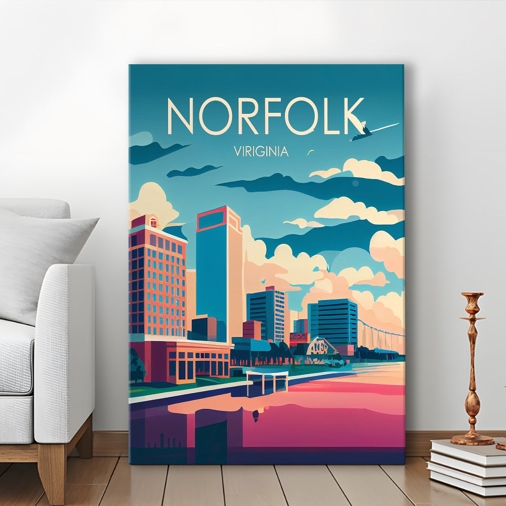 Norfolk Virginia Retro Art Print, Norfolk City Wall Art, Canvas Print, Painting Canvas, Living Room Decor