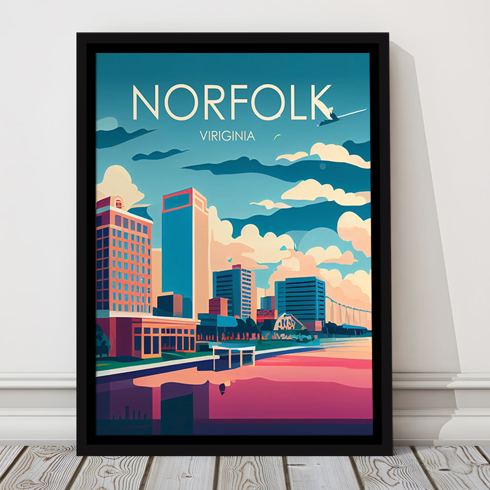 Norfolk Virginia Retro Art Print, Norfolk City Wall Art, Floating Framed Canvas Print, Framed Picture, Painting Canvas