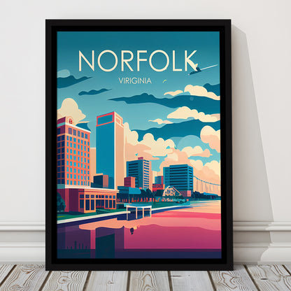 Norfolk Virginia Retro Art Print, Norfolk City Wall Art, Floating Framed Canvas Print, Framed Picture, Painting Canvas