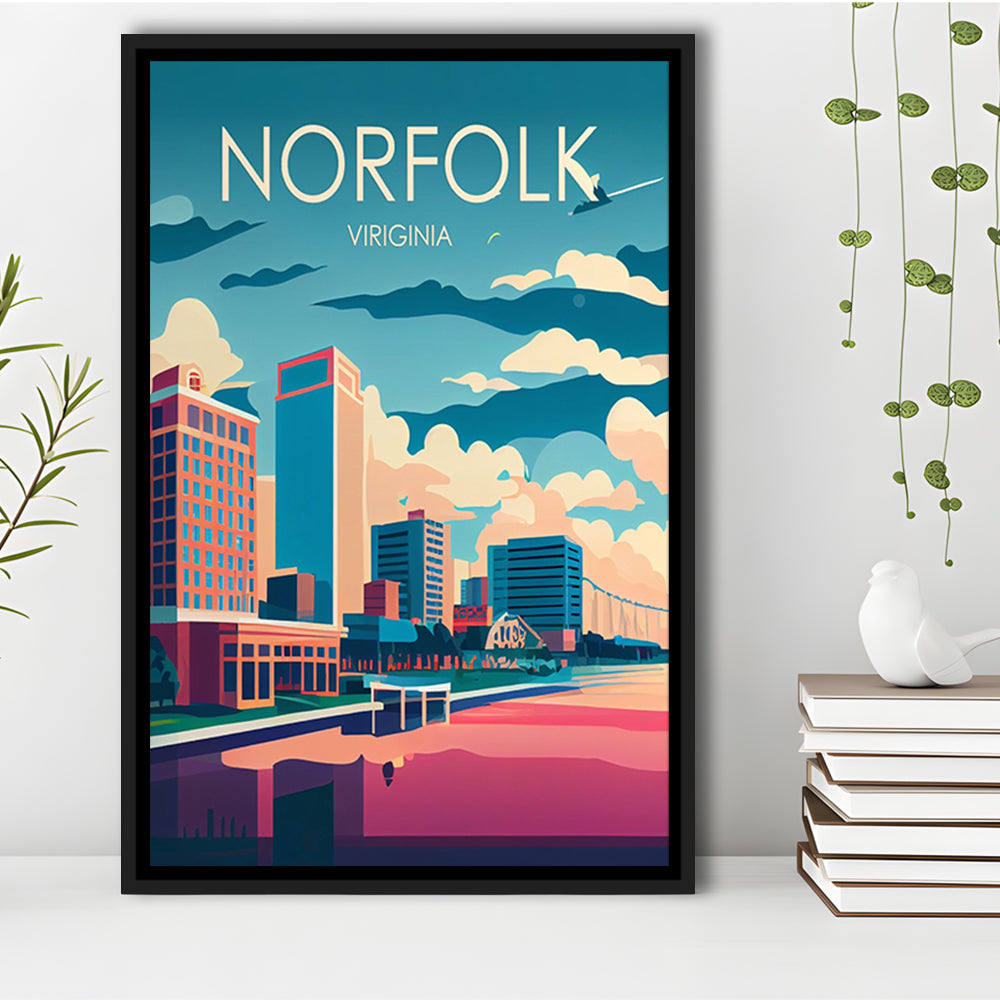 Norfolk Virginia Retro Art Print, Norfolk City Wall Art, Floating Framed Canvas Print, Framed Picture, Painting Canvas