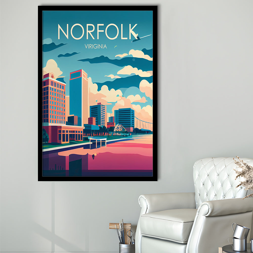 Norfolk Virginia Retro Art Print, Norfolk City Wall Art, Framed Art Print, Picture Framed, Painting Art