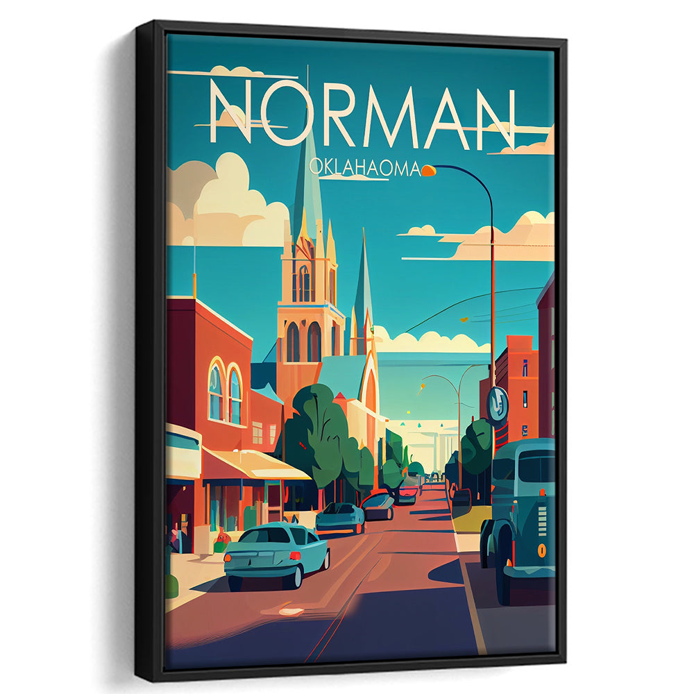 Norman Oklahoma Retro Art Print, Norman City Wall Art, Floating Framed Canvas Print, Framed Picture, Painting Canvas