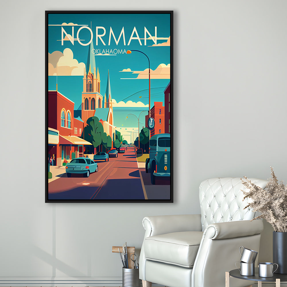 Norman Oklahoma Retro Art Print, Norman City Wall Art, Floating Framed Canvas Print, Framed Picture, Painting Canvas