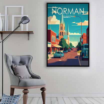 Norman Oklahoma Retro Art Print, Norman City Wall Art, Floating Framed Canvas Print, Framed Picture, Painting Canvas