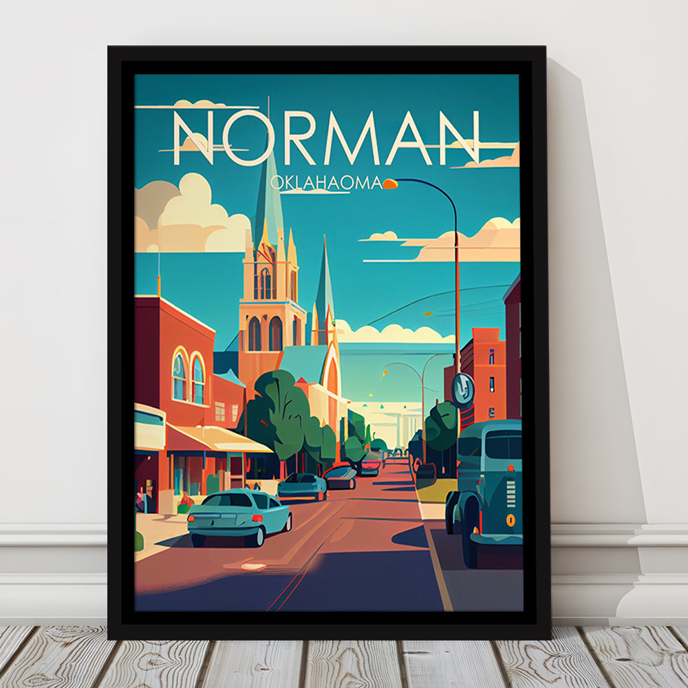Norman Oklahoma Retro Art Print, Norman City Wall Art, Floating Framed Canvas Print, Framed Picture, Painting Canvas