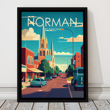 Norman Oklahoma Retro Art Print, Norman City Wall Art, Floating Framed Canvas Print, Framed Picture, Painting Canvas