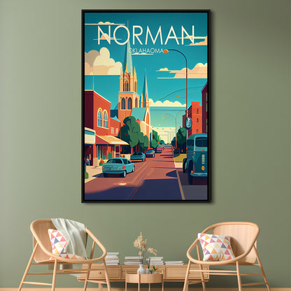 Norman Oklahoma Retro Art Print, Norman City Wall Art, Floating Framed Canvas Print, Framed Picture, Painting Canvas