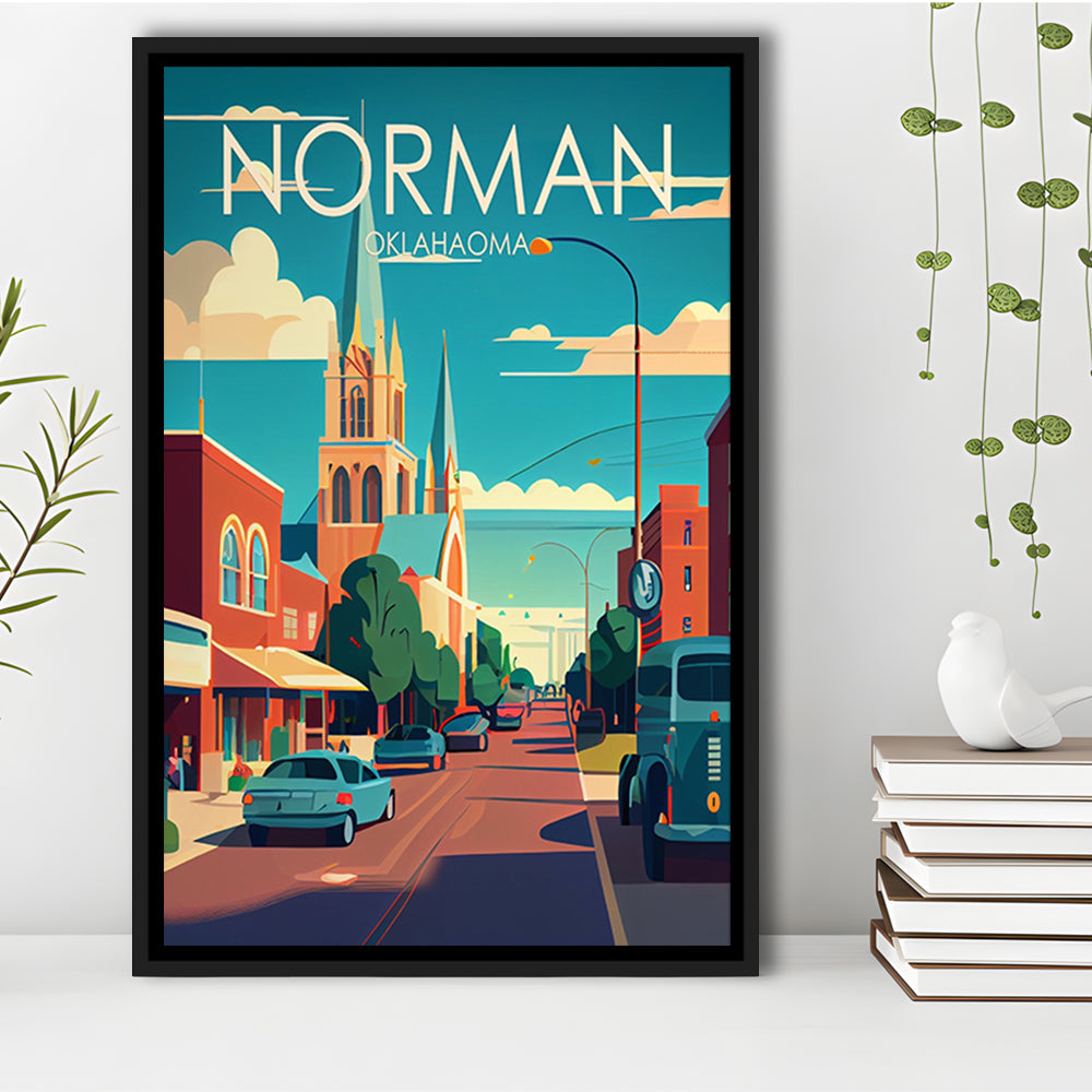 Norman Oklahoma Retro Art Print, Norman City Wall Art, Floating Framed Canvas Print, Framed Picture, Painting Canvas
