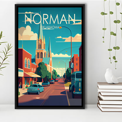 Norman Oklahoma Retro Art Print, Norman City Wall Art, Floating Framed Canvas Print, Framed Picture, Painting Canvas