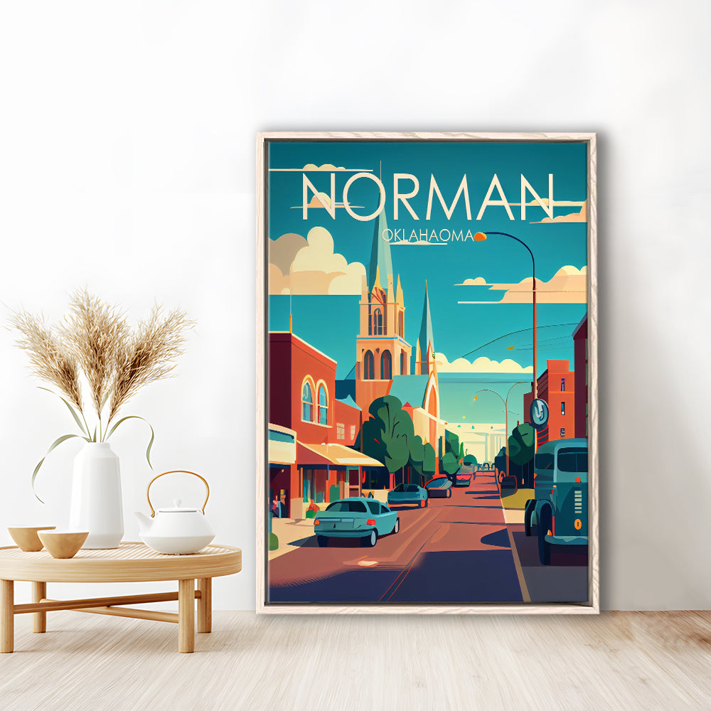 Norman Oklahoma Retro Art Print, Norman City Wall Art, Floating Framed Canvas Print, Framed Picture, Painting Canvas