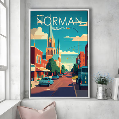 Norman Oklahoma Retro Art Print, Norman City Wall Art, Floating Framed Canvas Print, Framed Picture, Painting Canvas