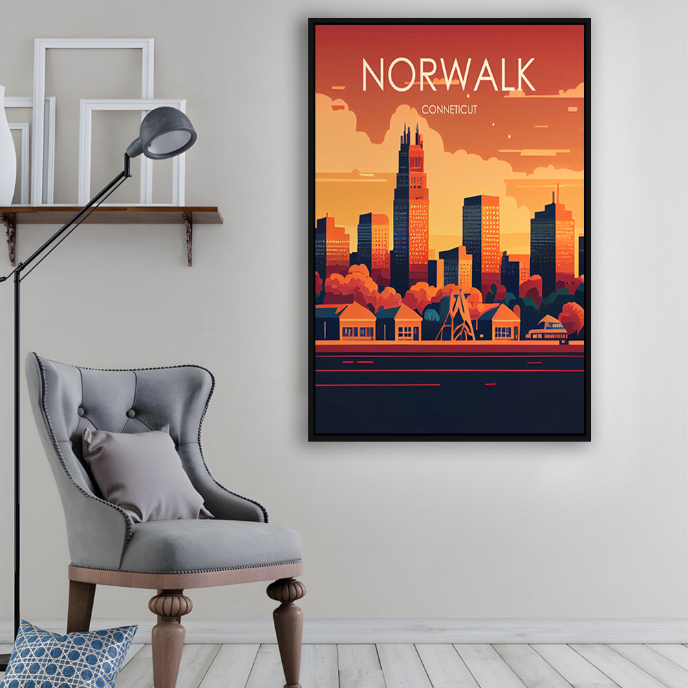 Norwalk Connecticut Retro Art Print, Norwalk City Wall Art, Floating Framed Canvas Print, Framed Picture, Painting Canvas
