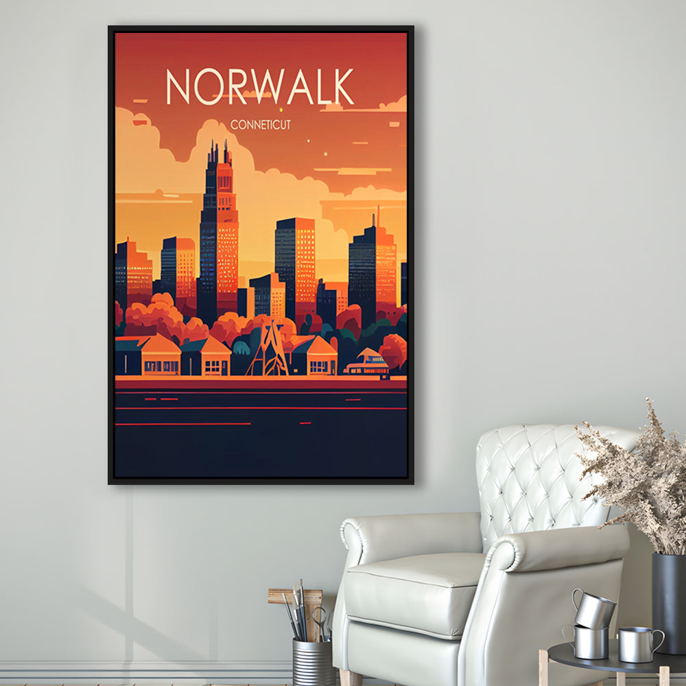 Norwalk Connecticut Retro Art Print, Norwalk City Wall Art, Floating Framed Canvas Print, Framed Picture, Painting Canvas