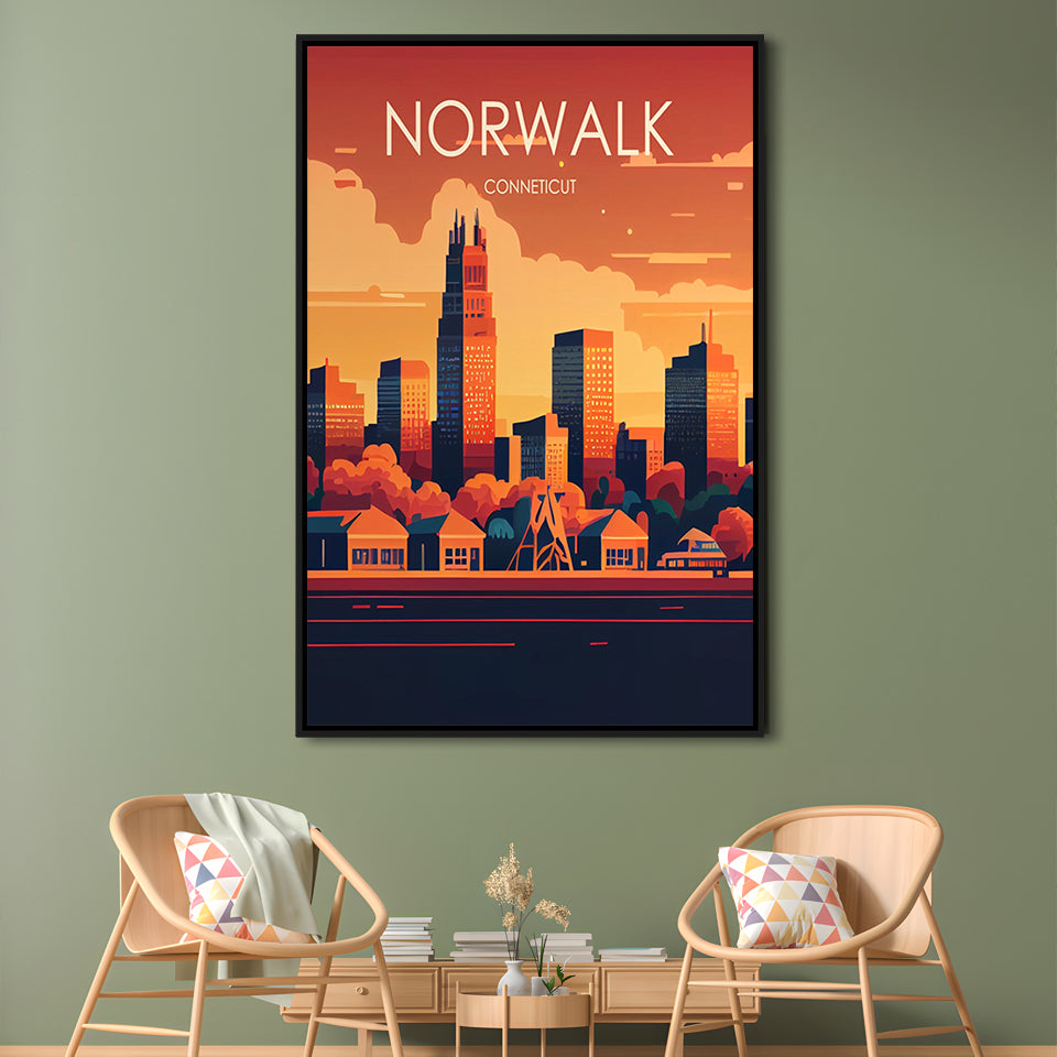 Norwalk Connecticut Retro Art Print, Norwalk City Wall Art, Floating Framed Canvas Print, Framed Picture, Painting Canvas