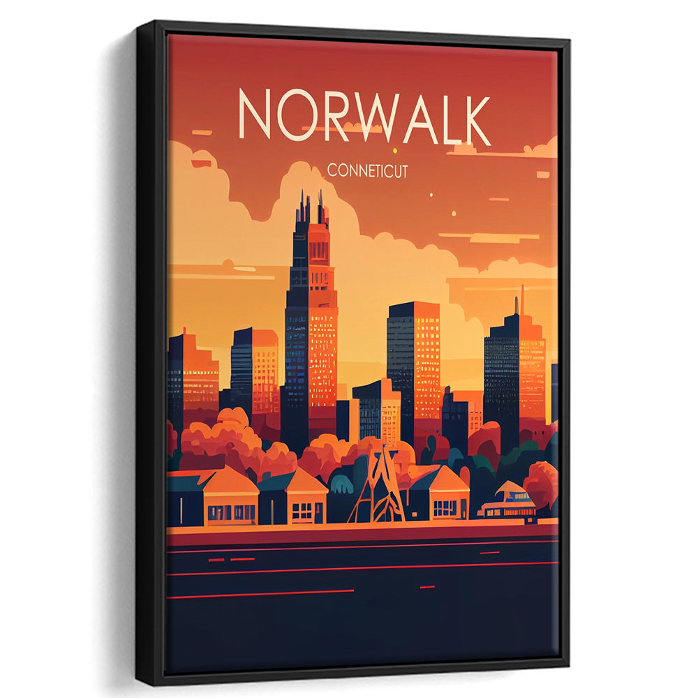 Norwalk Connecticut Retro Art Print, Norwalk City Wall Art, Floating Framed Canvas Print, Framed Picture, Painting Canvas