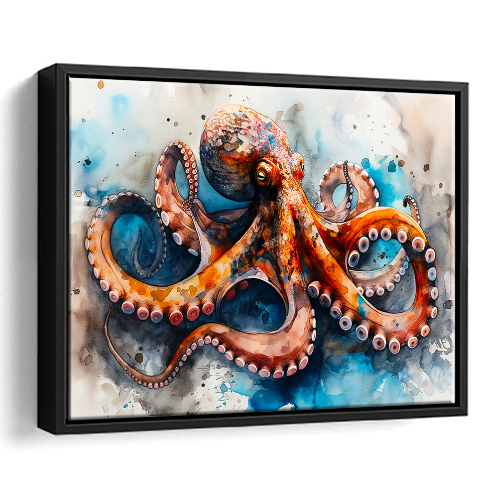 Octopus Watercolor Painting Mixed Color V1, Framed Canvas Painting, Framed Canvas Prints Wall Art Decor