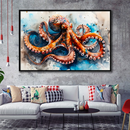 Octopus Watercolor Painting Mixed Color V1, Framed Canvas Painting, Framed Canvas Prints Wall Art Decor