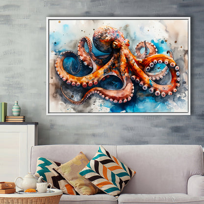 Octopus Watercolor Painting Mixed Color V1, Framed Canvas Painting, Framed Canvas Prints Wall Art Decor