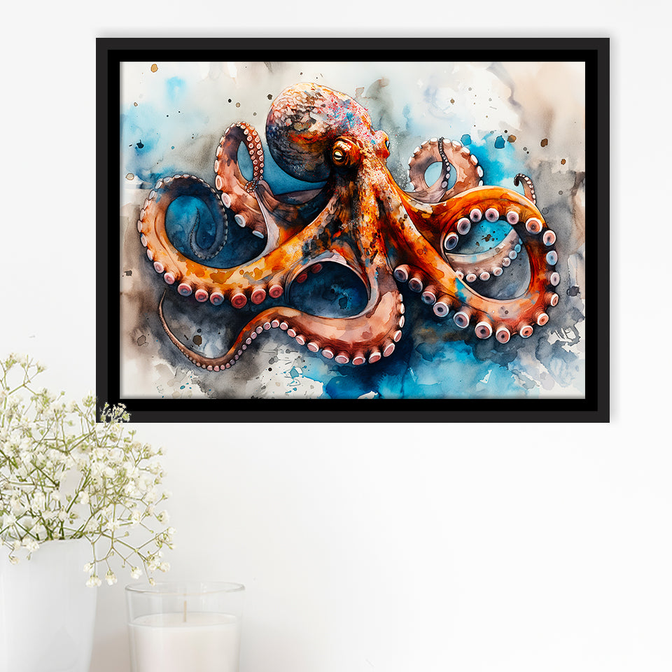 Octopus Watercolor Painting Mixed Color V1, Framed Canvas Painting, Framed Canvas Prints Wall Art Decor