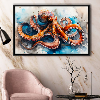 Octopus Watercolor Painting Mixed Color V1, Framed Canvas Painting, Framed Canvas Prints Wall Art Decor