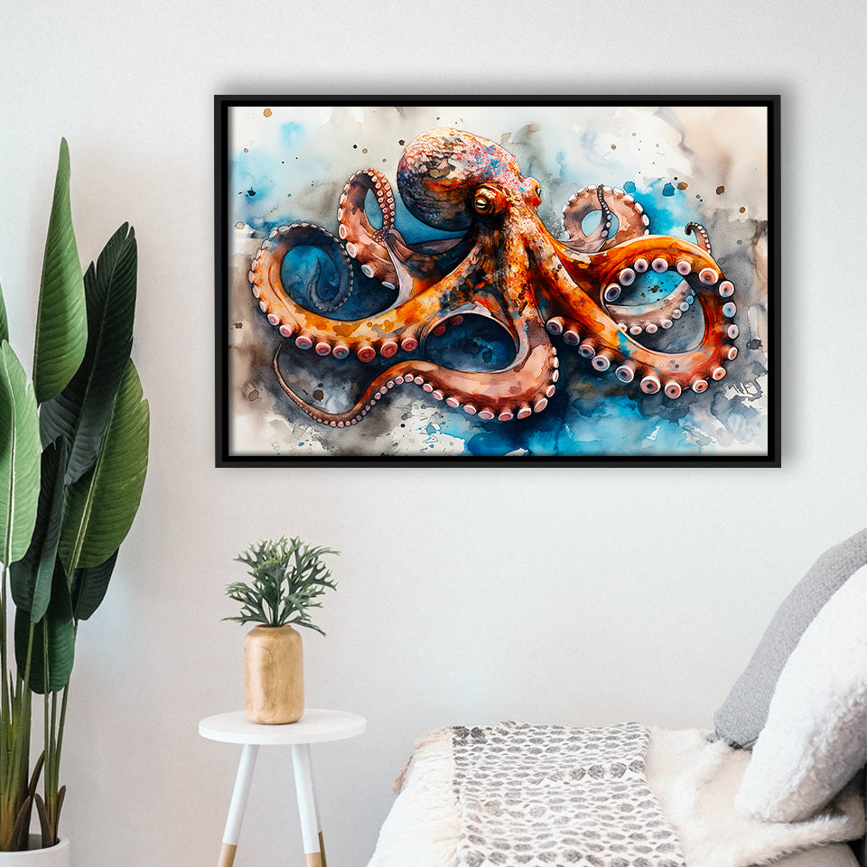 Octopus Watercolor Painting Mixed Color V1, Framed Canvas Painting, Framed Canvas Prints Wall Art Decor